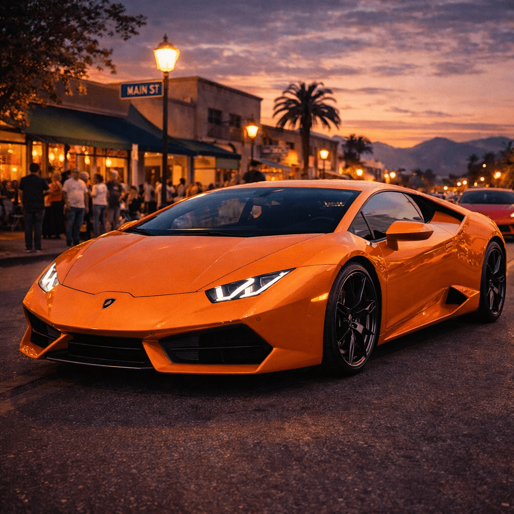 Vibrant orange Lamborghini parked on Main Street during a golden sunset with mountains in distance.