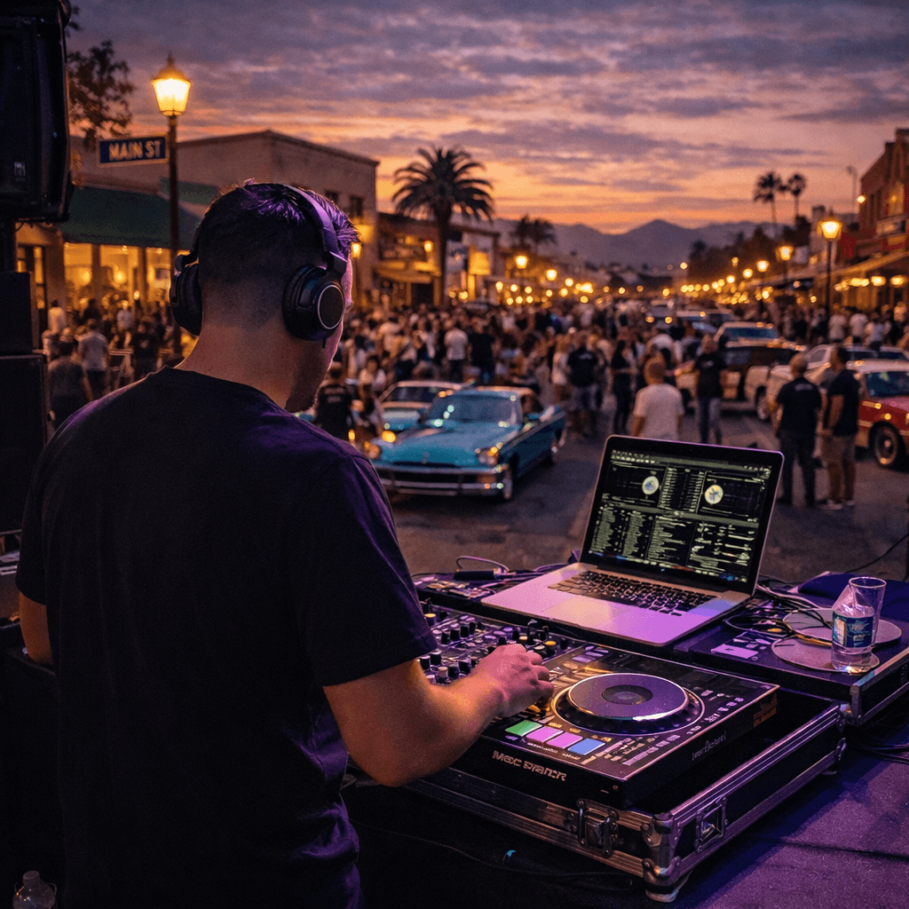 DJ performing at a crowded street festival with classic cars under a colorful sunset sky.
