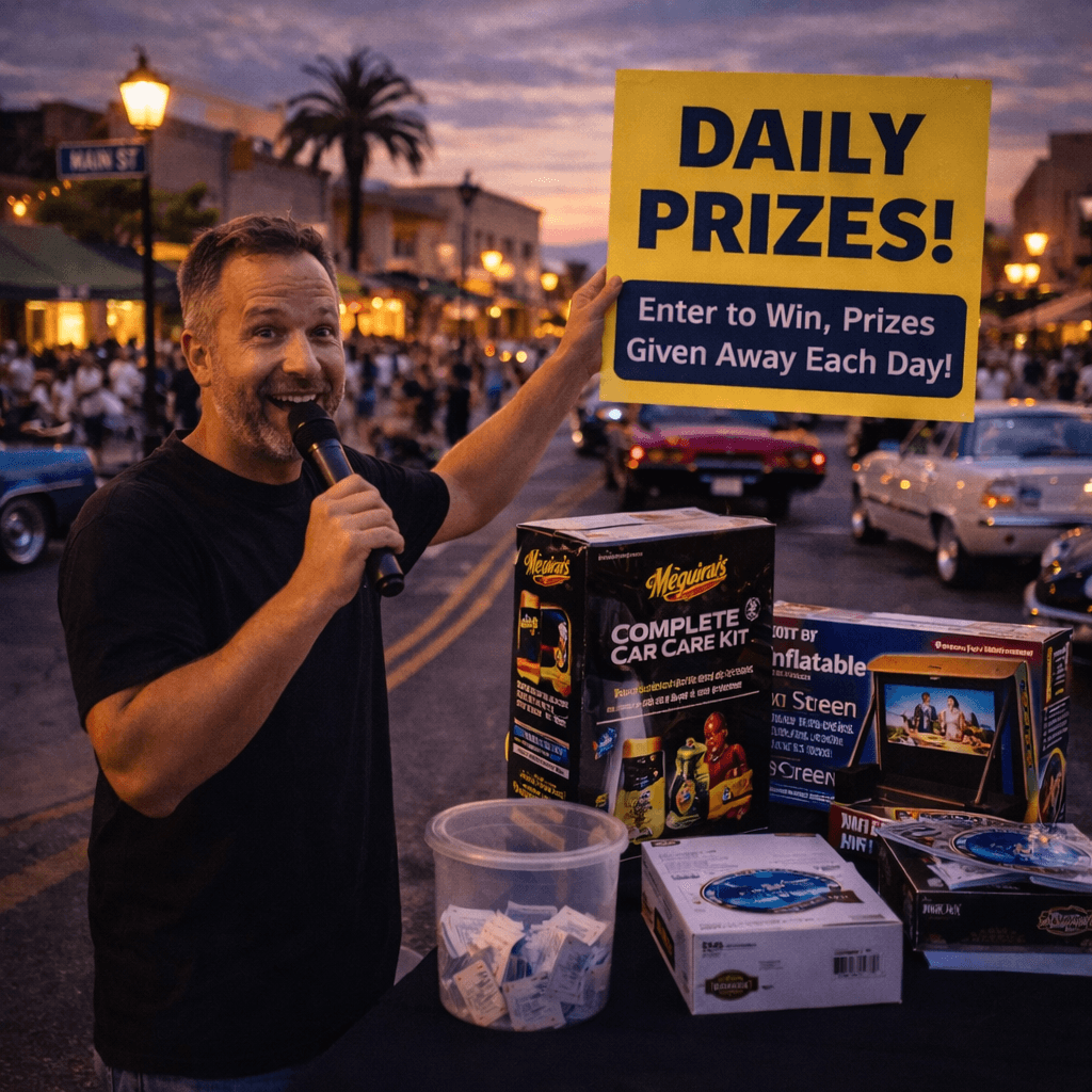 Smiling man with microphone holds a Daily Prizes sign at an outdoor car show.